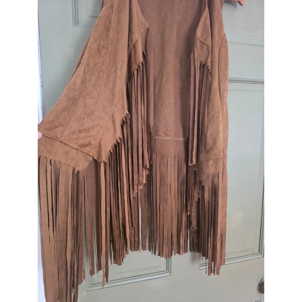 Womens XL Brown Faux Suede Fringe Vest Open Front Boho Western Tassel Sleeveless - Picture 3 of 5